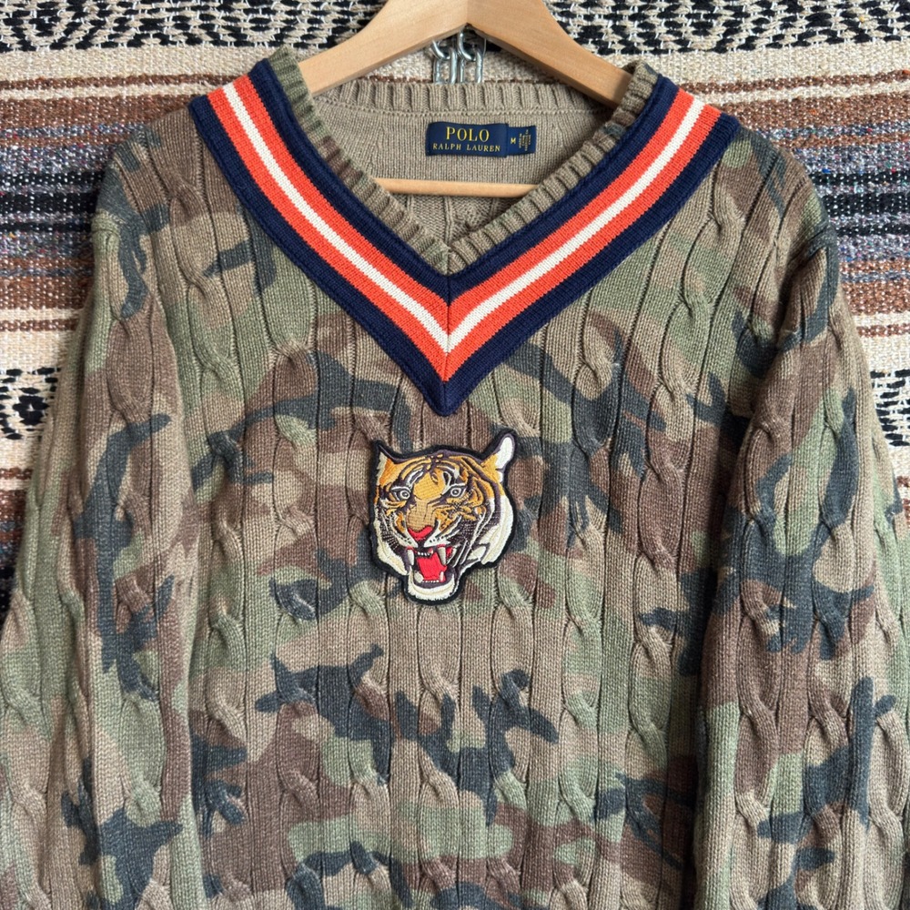 Polo Ralph Lauren V-Neck Cable Knit Sweater Medium Green Camo Tiger Patch - Picture 9 of 10